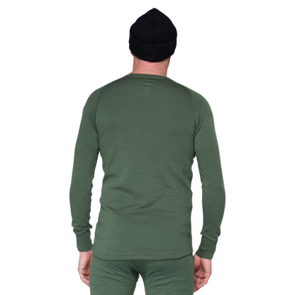 A man shown from the back wearing a dark olive green long-sleeve shirt and matching green pants, with a black beanie, against a plain white background.