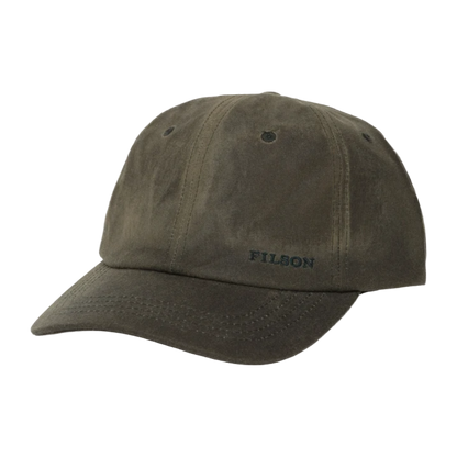 An olive green Filson baseball cap made of textured suede-like fabric, featuring the brand name embroidered on the front, set against a plain white background.