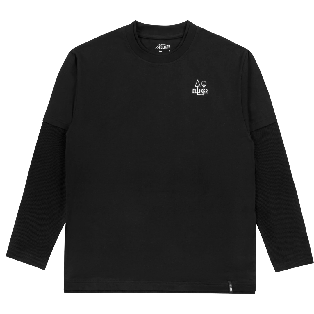 A black long-sleeve crewneck shirt with a small white ELMIK logo printed on the left chest, displayed flat against a solid white background.
