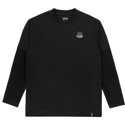 A black long-sleeve crewneck shirt with a small white ELMIK logo printed on the left chest, displayed flat against a solid white background.