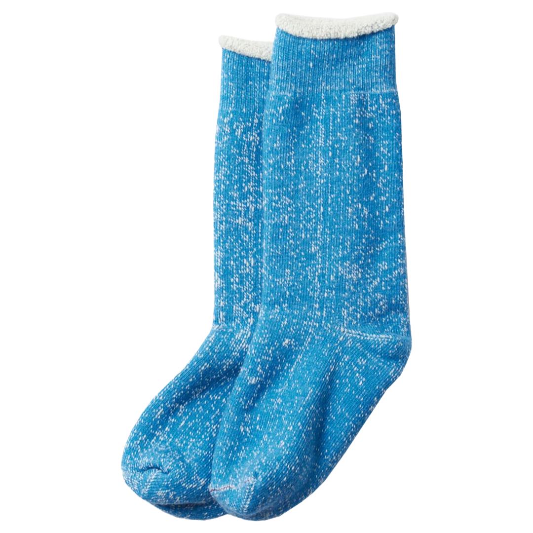 A pair of heathered blue crew socks with a white ribbed cuff, shown against a plain white background.