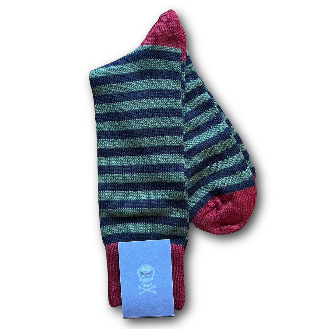 navy and green narrow hoop socks with contrasting red toe and heel sold at regent in salisbury