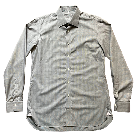 A long-sleeve button-up shirt in a textured gray fabric with a subtle vertical stripe pattern, laid flat against a white background.