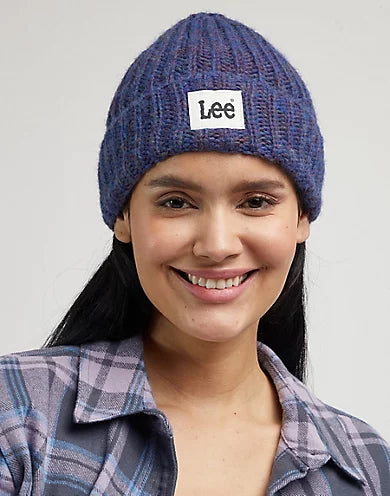 Violet Cable Knit Style beanie with LEE logo on front.