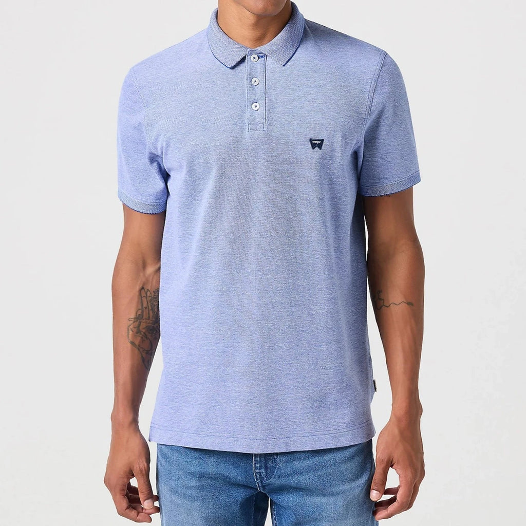 Heathered light blue polo shirt, 3 button placket classic polo collar, short sleeve and regular fit.