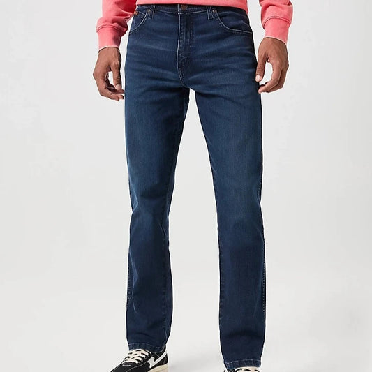 Blue Stretch denim jeans with a slim straight fit leg.