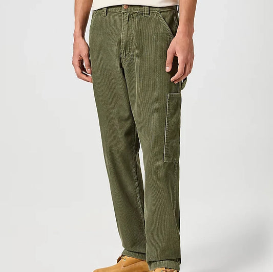 Ivy green cord trousers with side pockets and hammer hook front fly and button.