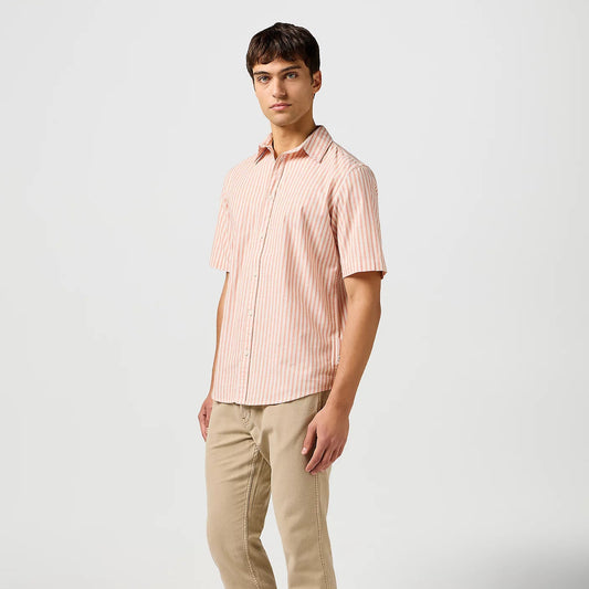 Pink and cream stripe shirt with short sleeves and button up fastening 