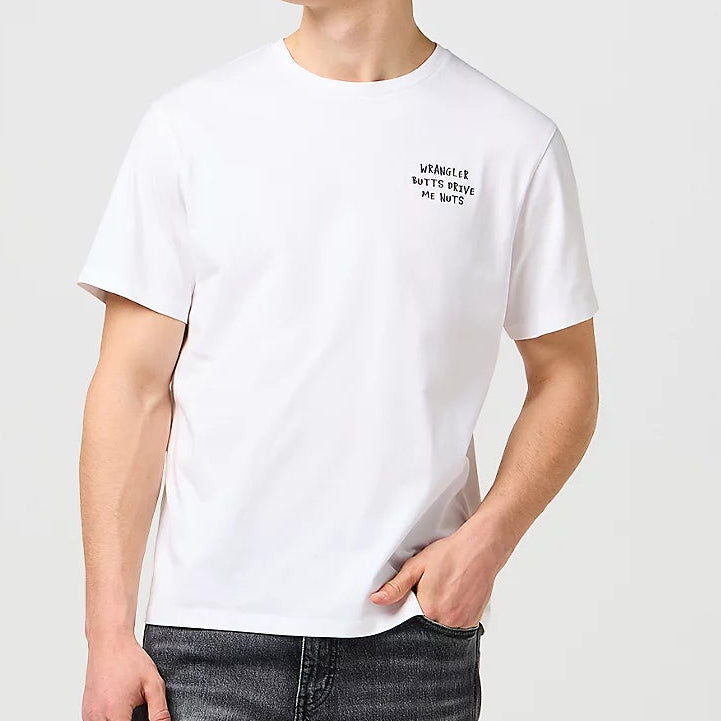 Wrangler Relaxed Embroidery Tee, inscribed " Wrangler butts drive me nuts" on left side. Available at Regent Tailoring Salisbury UK.