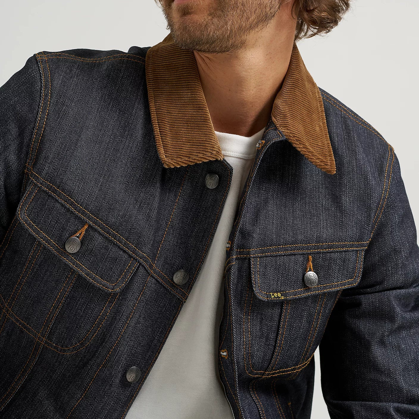 LEE 101 dark denim jacket with archival corduroy collar and a striped blanket lining