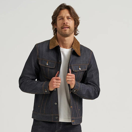 LEE 101 dark denim jacket with archival corduroy collar and a striped blanket lining