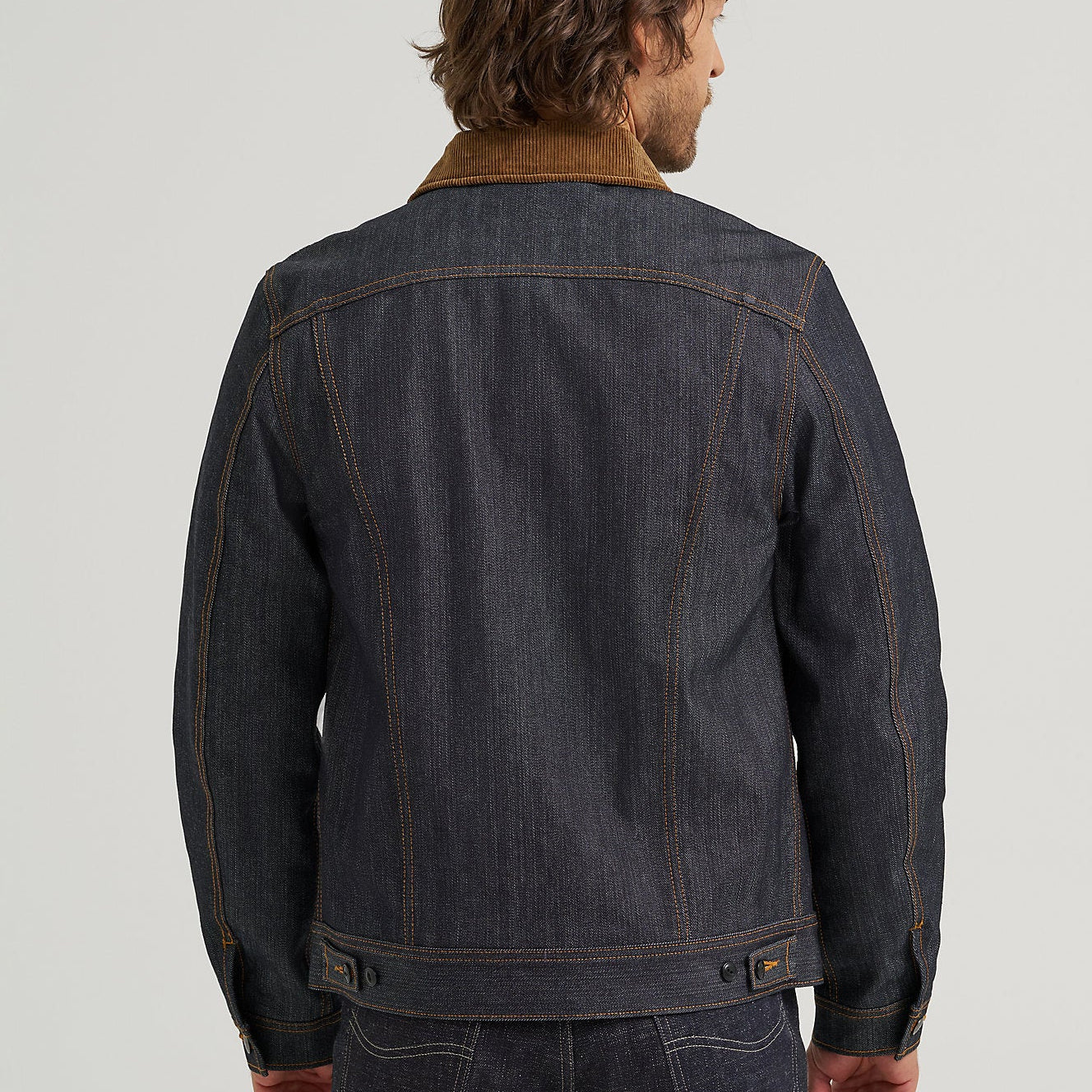 LEE 101 dark denim jacket with archival corduroy collar and a striped blanket lining