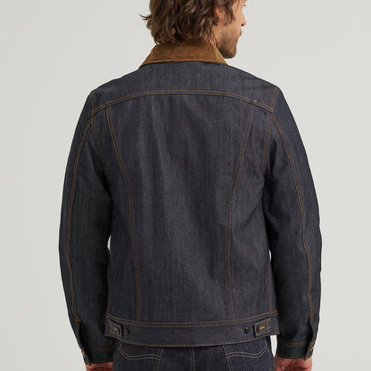 LEE 101 dark denim jacket with archival corduroy collar and a striped blanket lining
