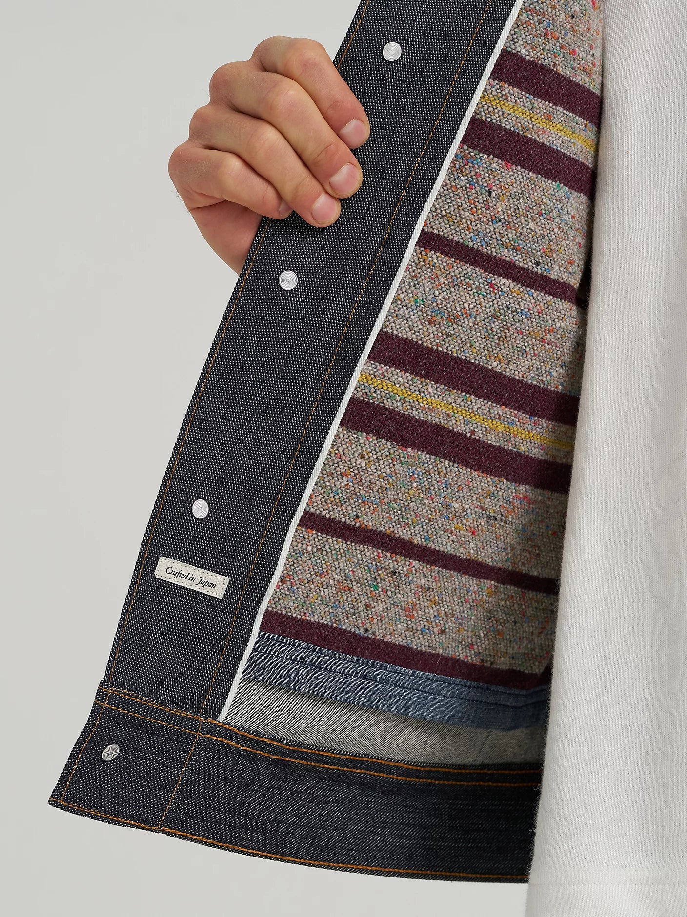 LEE 101 dark denim jacket with archival corduroy collar and a striped blanket lining