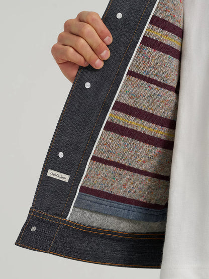 LEE 101 dark denim jacket with archival corduroy collar and a striped blanket lining