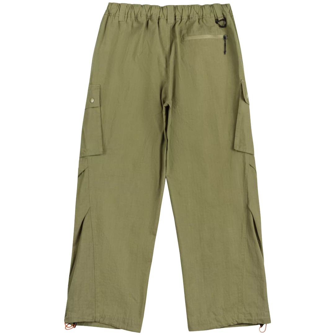Olive green cargo pants with an elastic waistband, side cargo pockets, a zippered pocket, and drawstring ankle cuffs, shown flat on a white background.