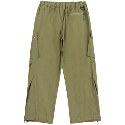 Olive green cargo pants with an elastic waistband, side cargo pockets, a zippered pocket, and drawstring ankle cuffs, shown flat on a white background.
