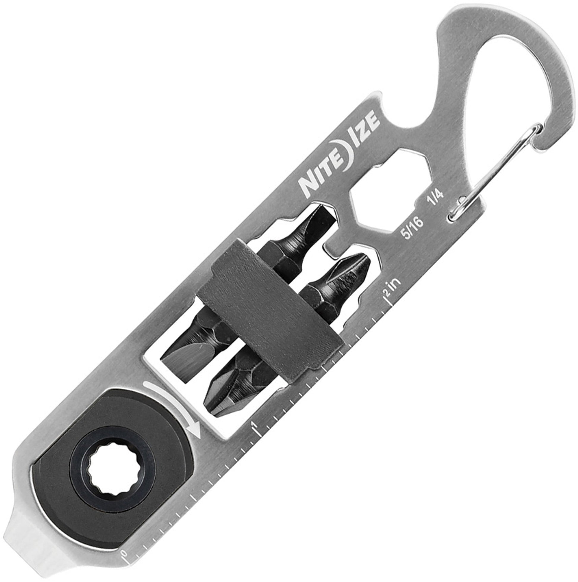 Nite Ize multi-tool, Ratchet with carabiner. 9 features including Phillips Bit, and Flat Bit, Ruler and bottle opener.
