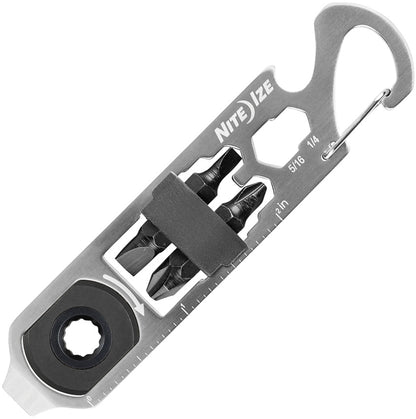 Nite Ize multi-tool, Ratchet with carabiner. 9 features including Phillips Bit, and Flat Bit, Ruler and bottle opener.