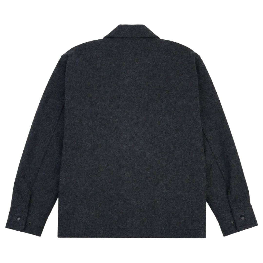 A dark charcoal gray wool-blend jacket shown from the back, featuring a classic collar and long sleeves with button cuffs, photographed against a solid white background.