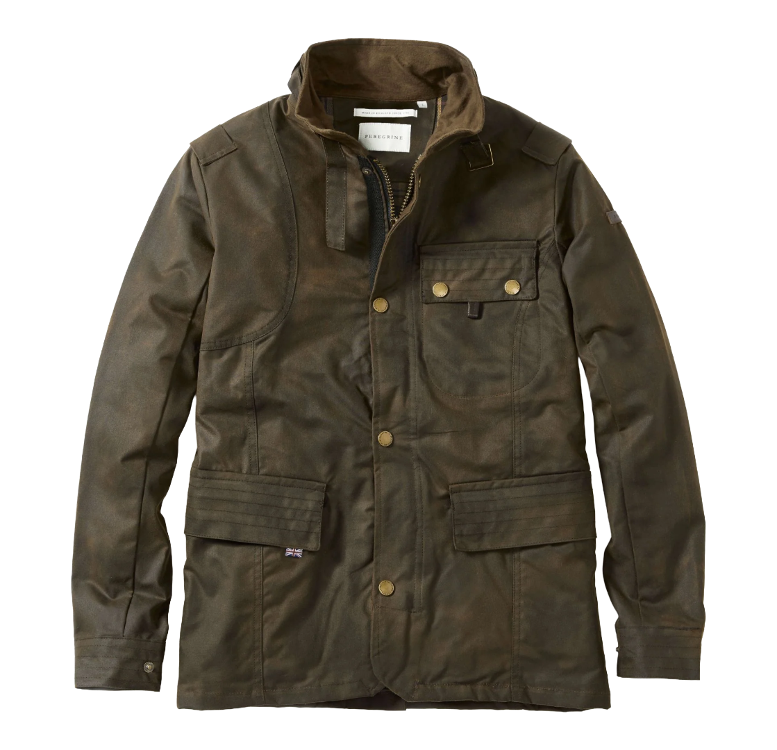 A dark olive brown waxed canvas utility jacket with brass buttons and a zippered collar, shown flat against a white background.