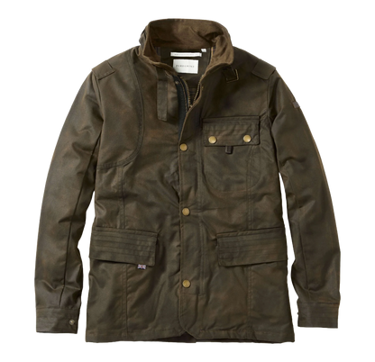 A dark olive brown waxed canvas utility jacket with brass buttons and a zippered collar, shown flat against a white background.