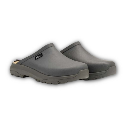 Front of Grey comfortable Aigle clogs sold at regent in Salisbury made from rubber