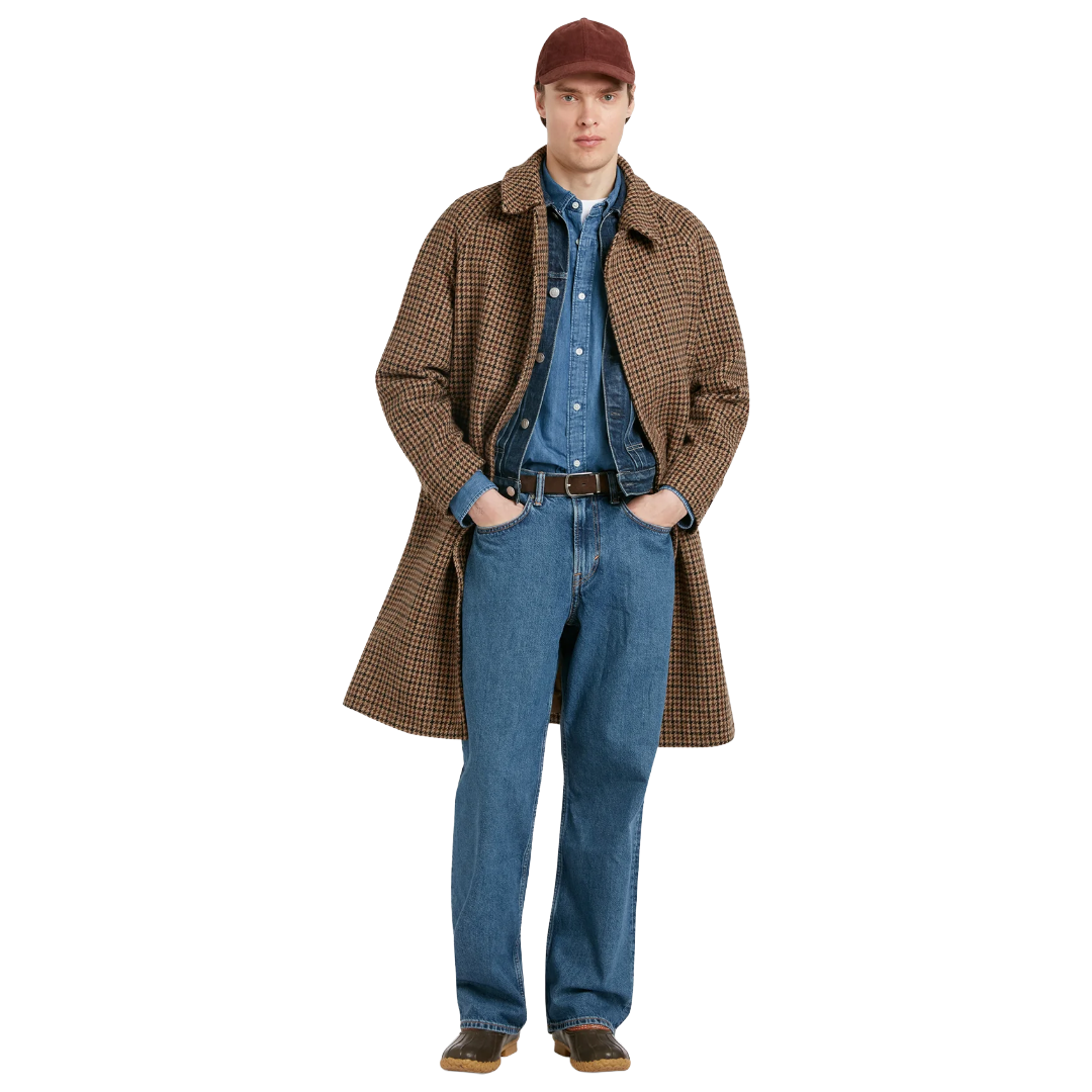 A man modeling a brown and tan houndstooth overcoat, layered over a blue denim shirt and jeans, wearing a maroon baseball cap and brown shoes, set against a plain white background.