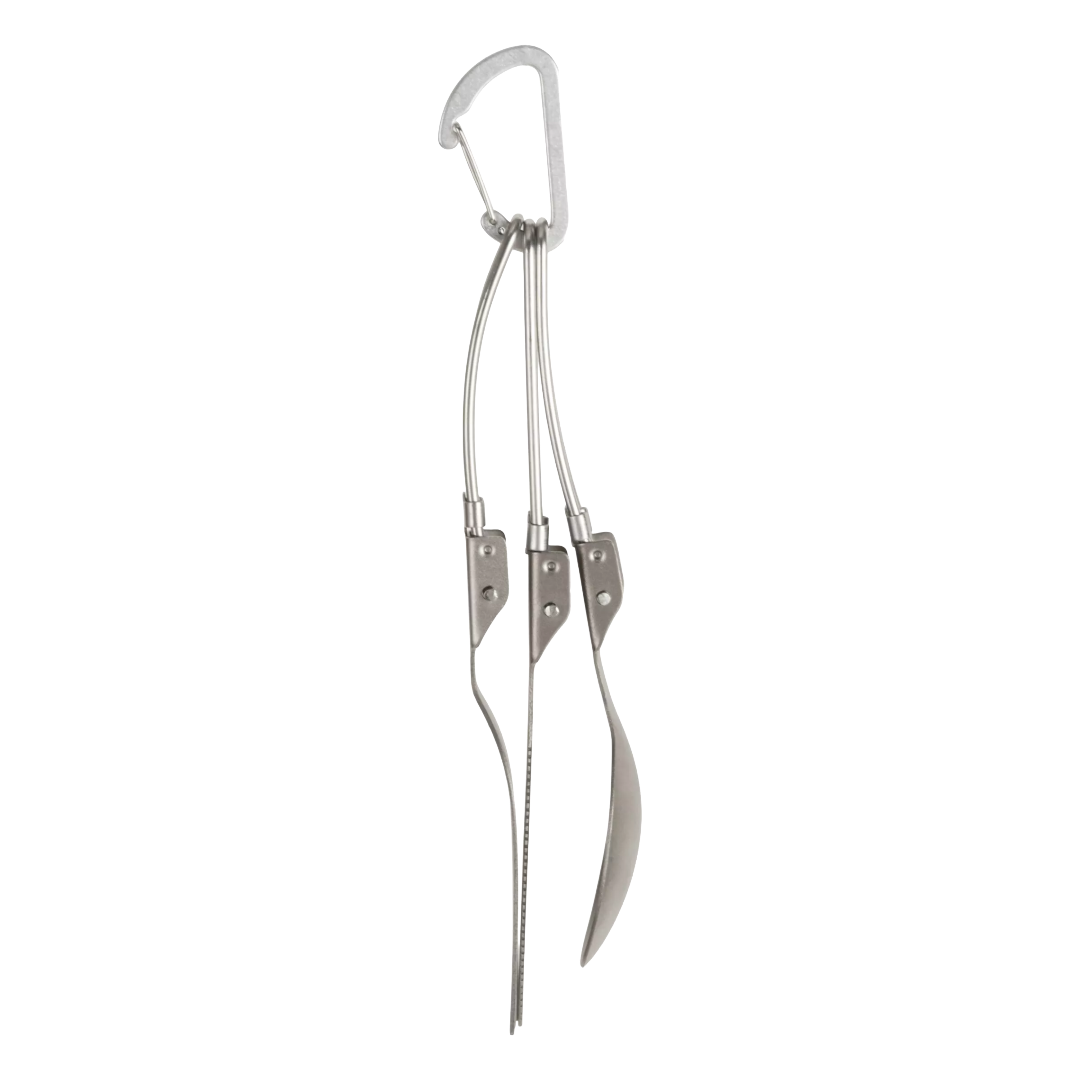 A stainless steel multi-tool cutlery set with a carabiner clip, shown on a plain white background.