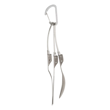 A stainless steel multi-tool cutlery set with a carabiner clip, shown on a plain white background.