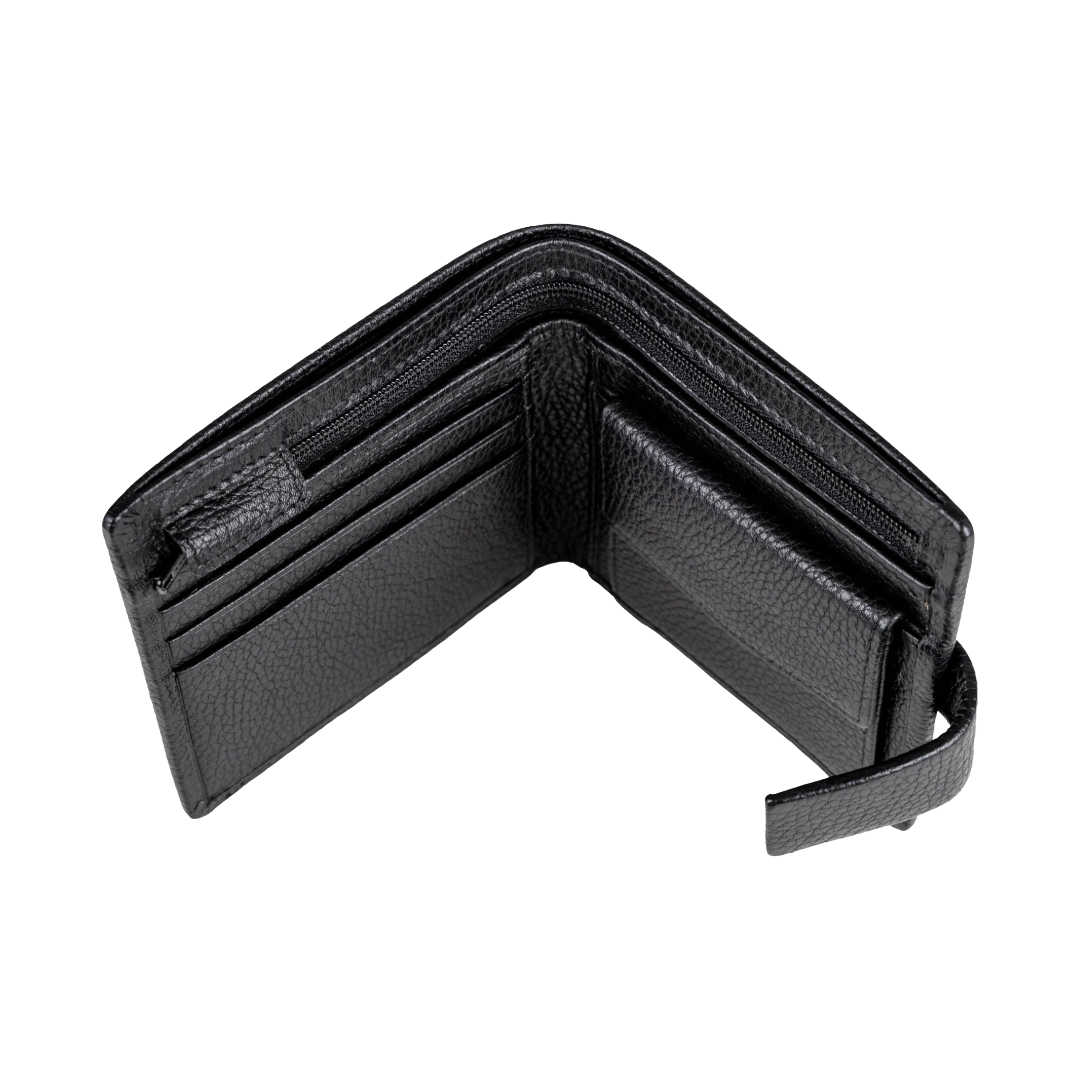 A black textured leather bi-fold wallet shown open, displaying multiple card slots, a zippered compartment, and a small side loop, set against a plain white background.