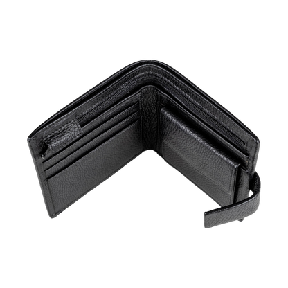 A black textured leather bi-fold wallet shown open, displaying multiple card slots, a zippered compartment, and a small side loop, set against a plain white background.