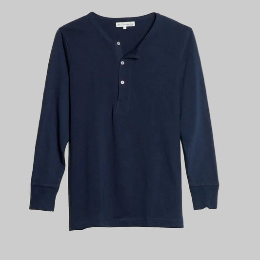 Navy long-sleeve henley shirt on a light gray background