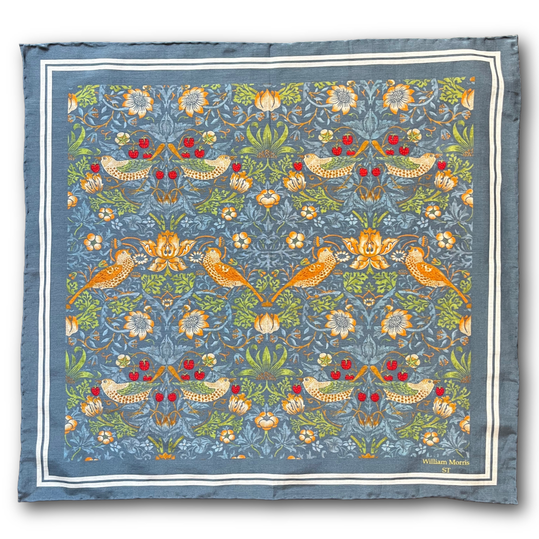 Regent - Cotton/Silk - Pocket Square - William Morris Liberty Print 'Strawberry Thief' Pattern - Navy