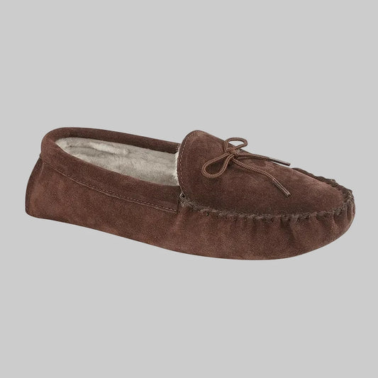 Draper - Maine - Moccasin Slippers - Suede and Sheepskin - Brown