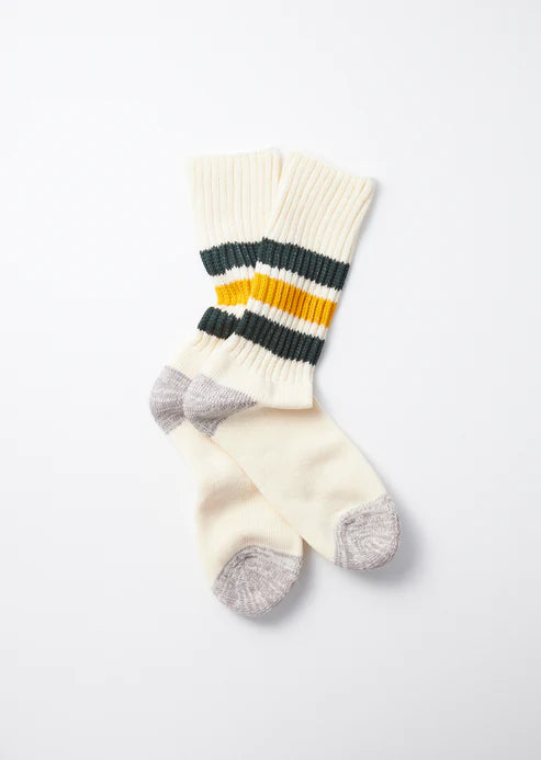 ROTOTO - Coarse Ribbed Old-School Crew Socks – Dark Green/Yellow Stripe