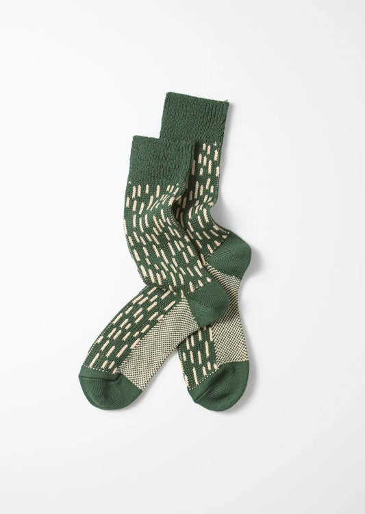 ROTOTO - Rain Drop Crew Socks- Green and Ivory