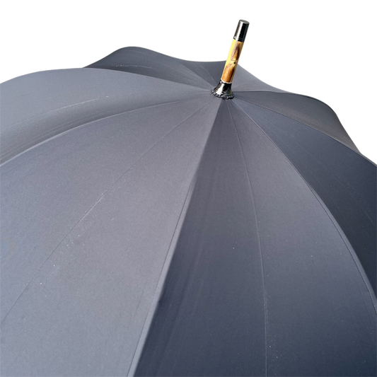 Close-up top view of a dark gray umbrella canopy with a wooden handle and black metal cap on a white background.