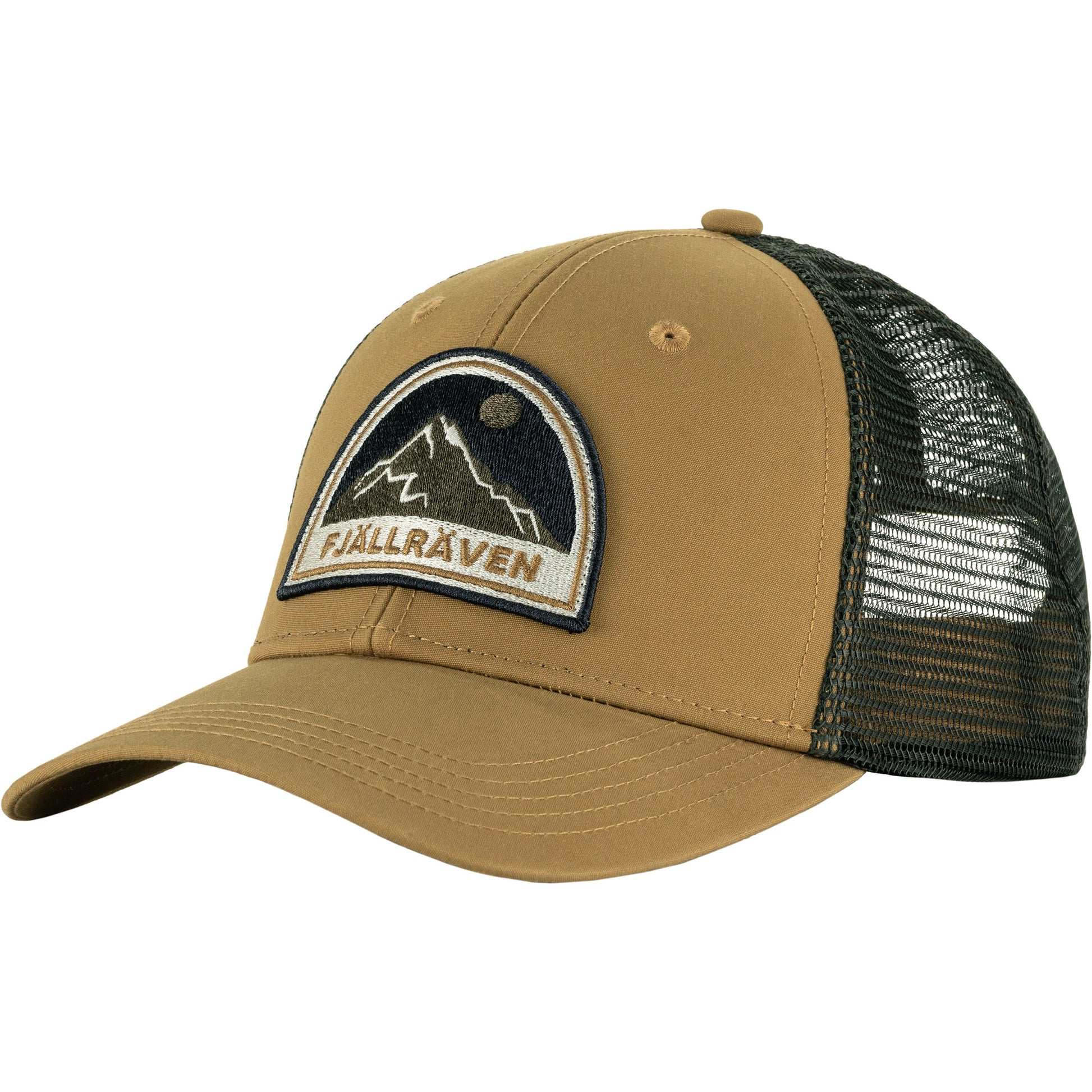 Brown cap with black mesh back and Fjällräven logo on a white background with ventilation holes sold at regent in salisbury