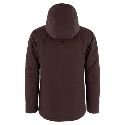A dark brown hooded jacket shown from the back, photographed on a clean white background.