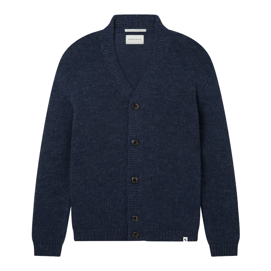 A navy blue knit cardigan sweater with a V-neck, long sleeves, and a button-up front, shown flat against a white background.