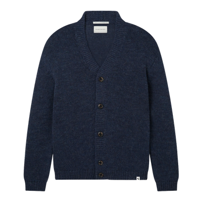 A navy blue knit cardigan sweater with a V-neck, long sleeves, and a button-up front, shown flat against a white background.
