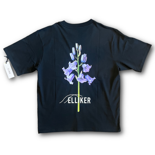 Back of Navy blue Eliker graphic t shirt with purple flower printed sold at Regent in Salisbury