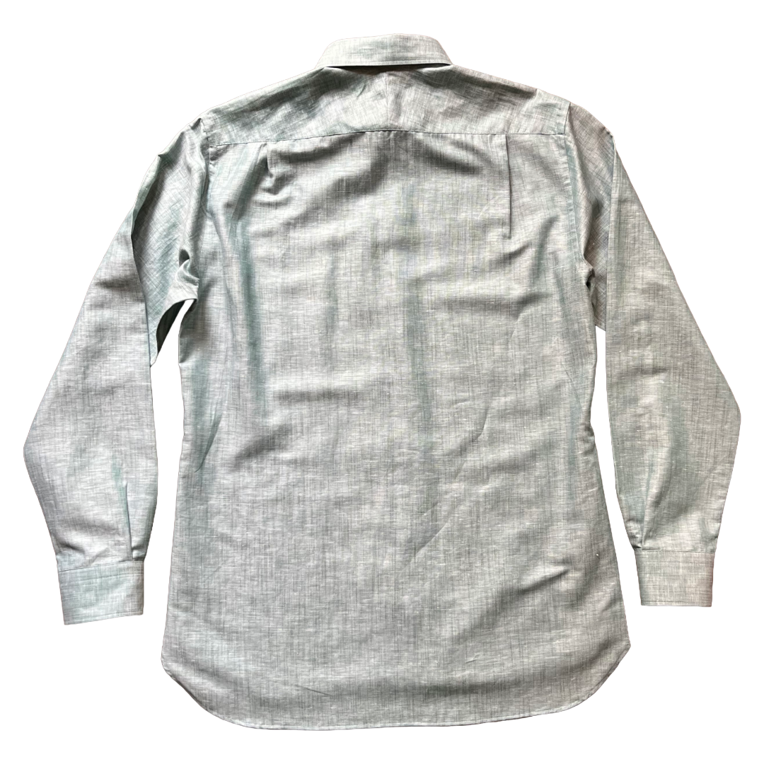 A light gray textured long-sleeve button-down shirt shown from the back, laid flat against a white background.