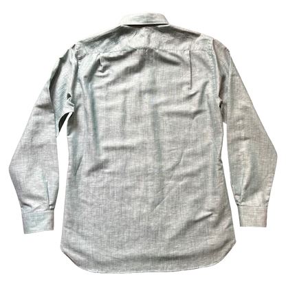 A light gray textured long-sleeve button-down shirt shown from the back, laid flat against a white background.