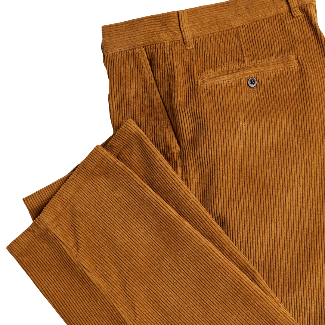 Close-up of a pair of brown corduroy trousers showing the front waistband, belt loops, and the back of a pocket with a metal button, on a plain white background.