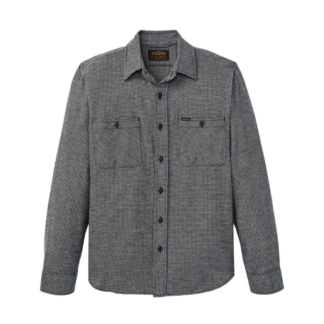 A long-sleeve button-up shirt by Patagonia in a dark gray and black micro-check pattern, featuring two chest pockets and a collar.