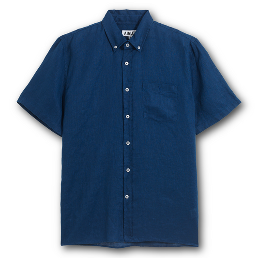 Aigle blue short-sleeve shirt with button details on a white background sold at Regent in Salisbury