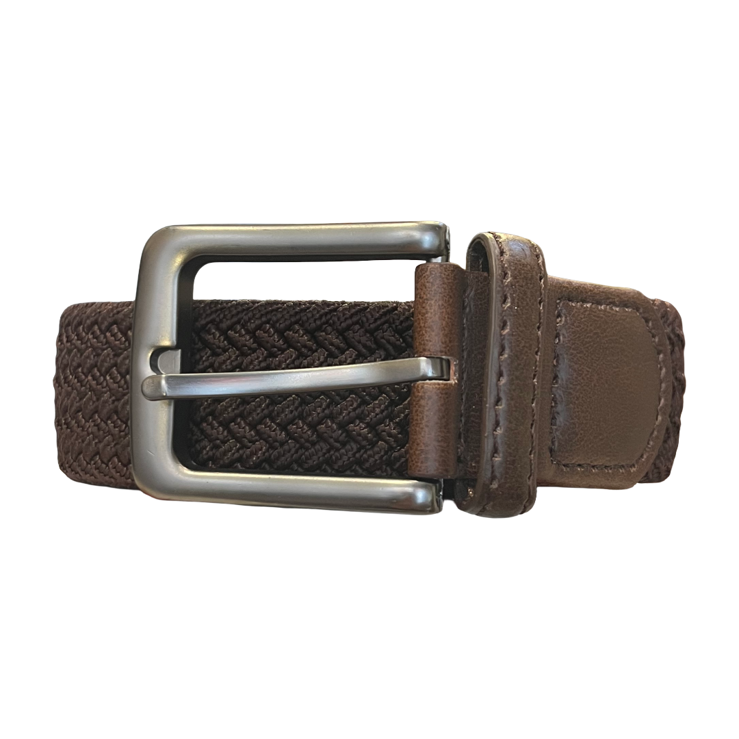 A brown woven elastic belt with a silver-toned metal buckle, shown against a plain white background.