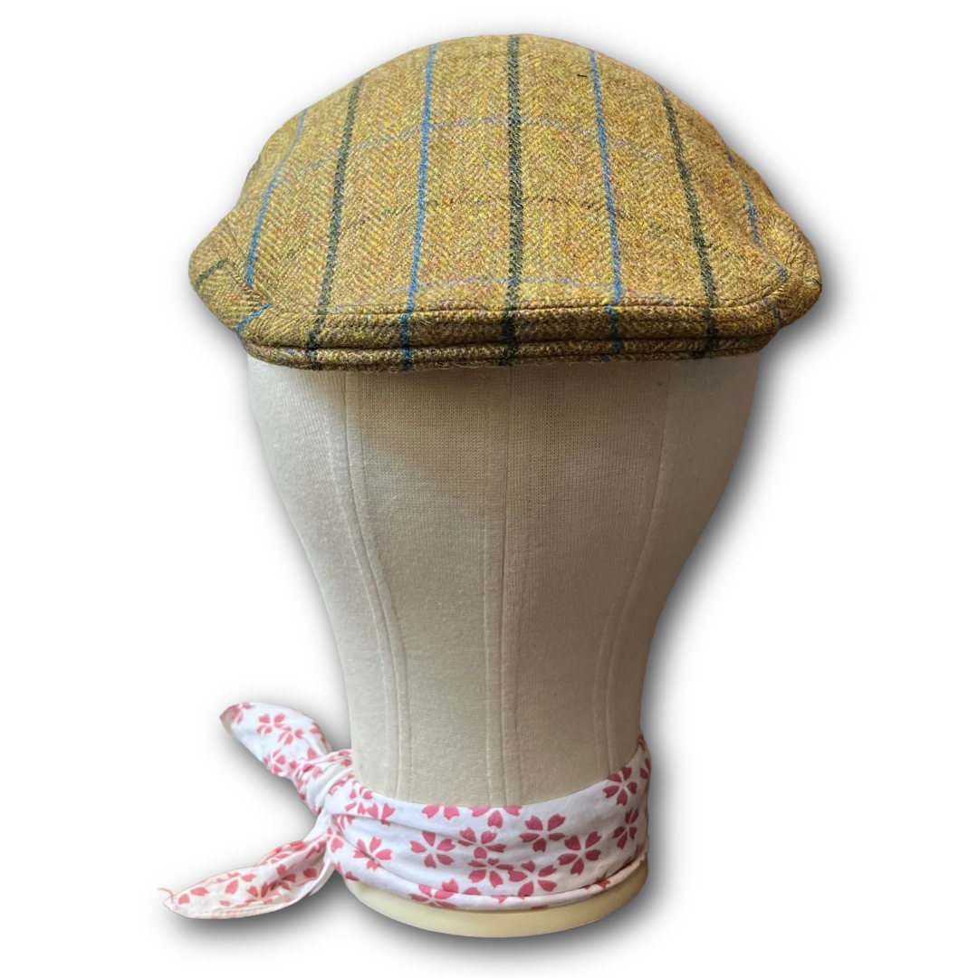 Green tweed with dark green and sky blue overcheck flat cap 